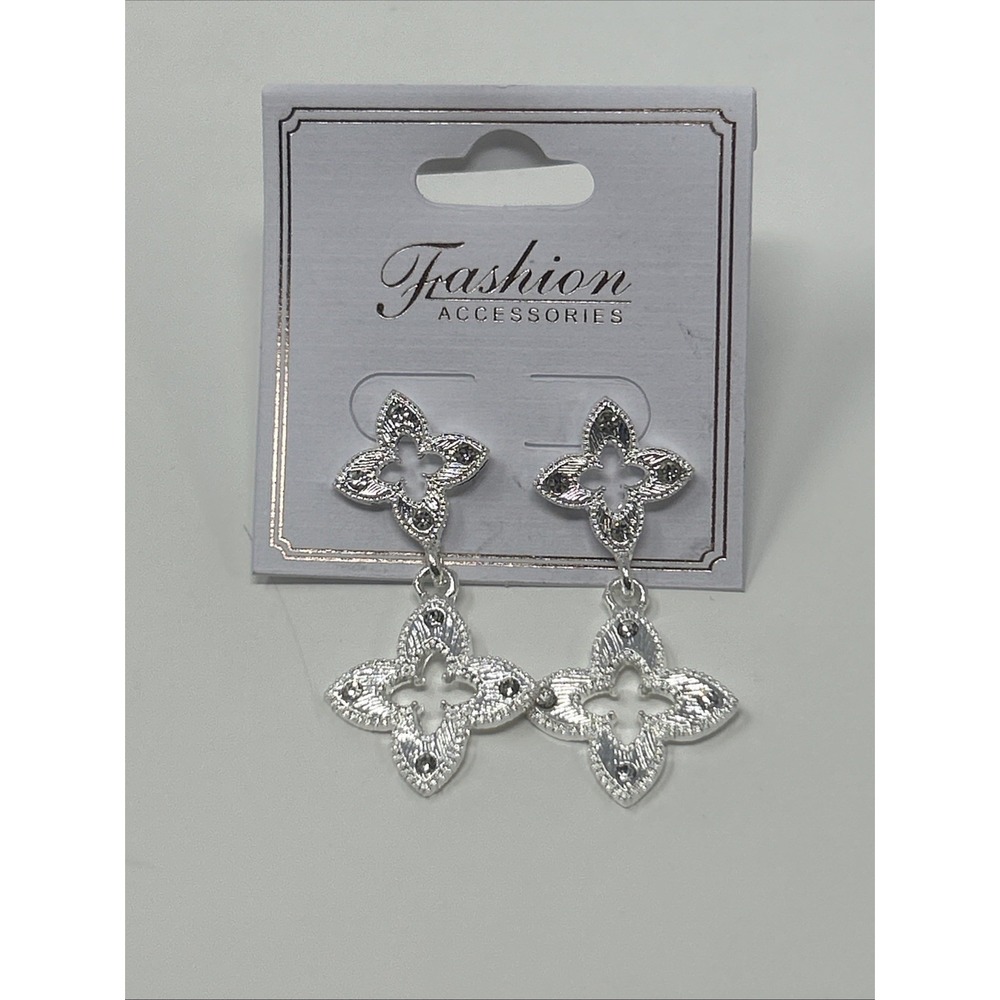 NWT Fashion Accessories Silver Tone Clover Dangle Earrings Rhinestone Accents